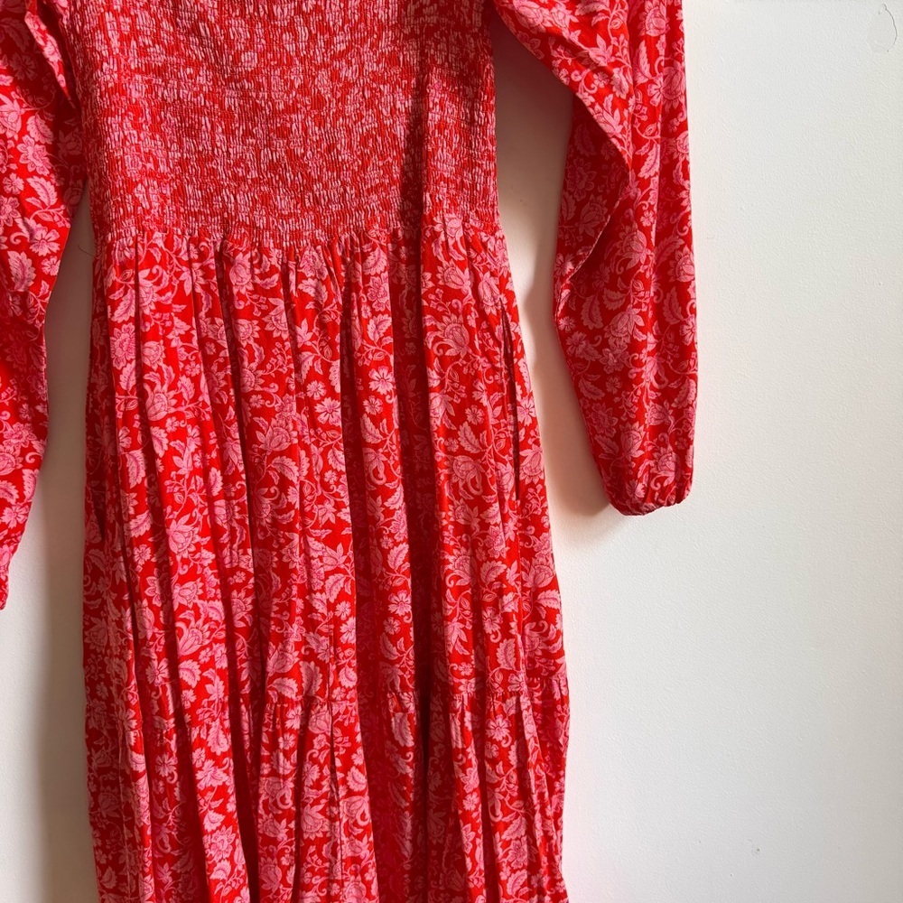 Anthropologie Dolan Left Coast Floral Smocked Midi Dress Red Pink Medium - Picture 5 of 6